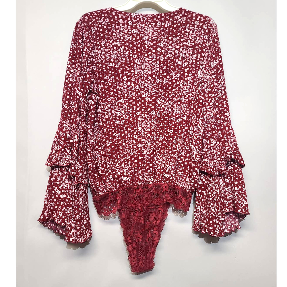 Free People Red Floral V-Neck Long Sleeve Bodysuit - Picture 3 of 6